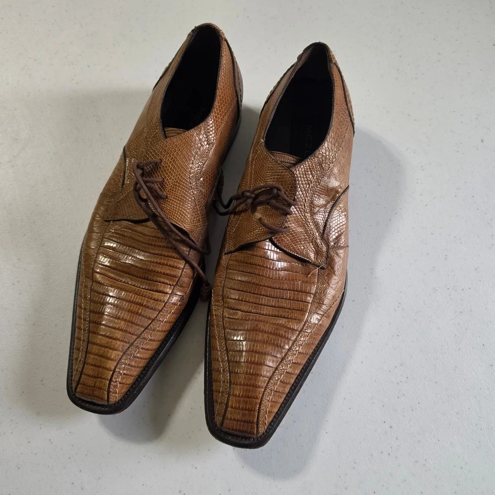 Mezlan Platinum Fenice Tan Lizard Skin Derby Shoes Mens 10 M Square Toe M984